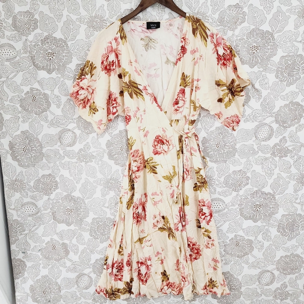 VICI Cream Midi Wrap Dress with Pink Floral Print